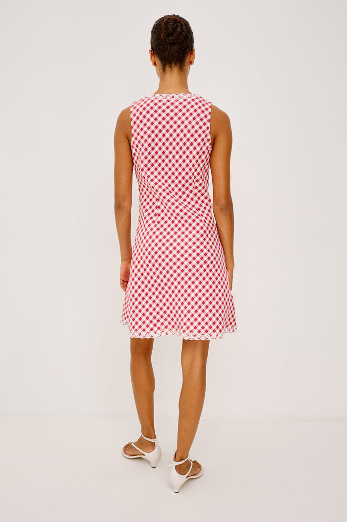 Bex Mini Dress in Heavy Linen With Embroidered V-Neckline, Sleeveless Design, and Bias Cut in Picnic Check Colorway - Full Body Back View Featured on Model