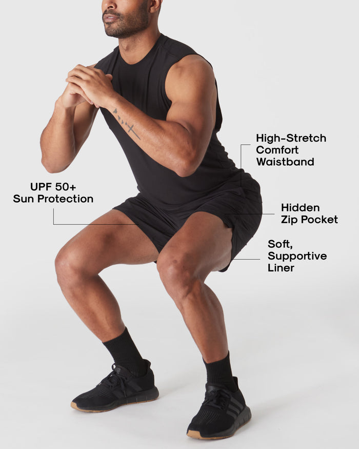 Man squatting in Black 2 In 1 Training Short, highlighting features.