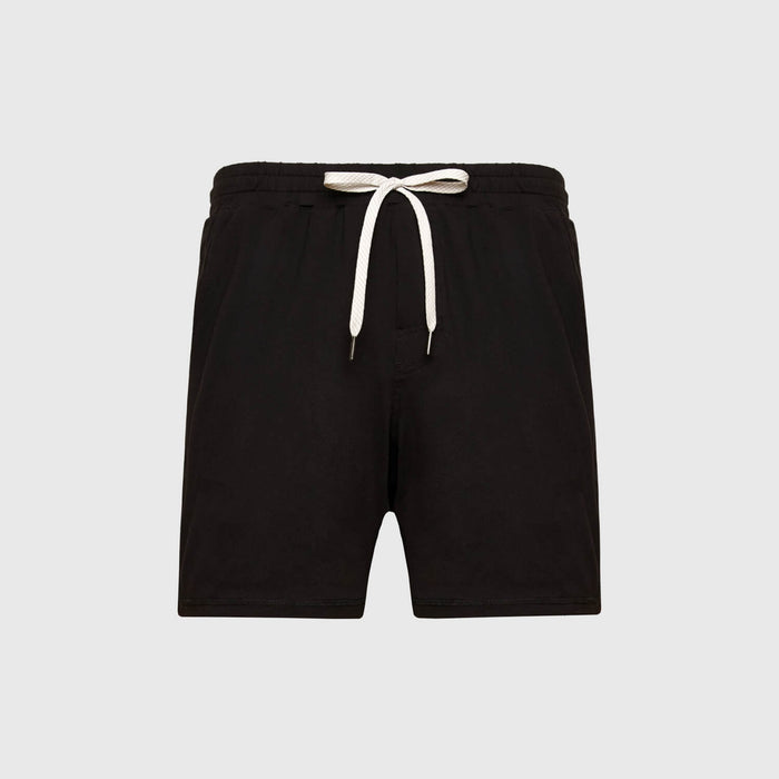 Black Active Comfort Shorts with elastic waistband, white drawstring, side pockets.