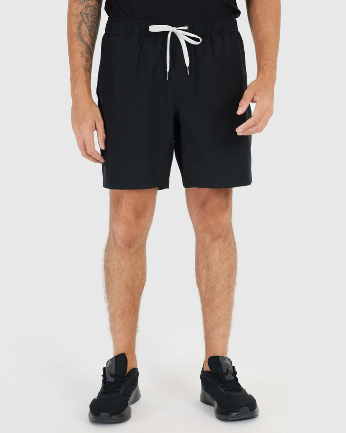 Black Active Quick Dry Shorts with Liner, elastic waistband, white drawcord.