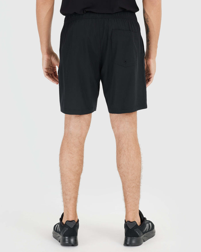 Black Active Quick Dry Shorts with Liner, rear view, elastic waistband.