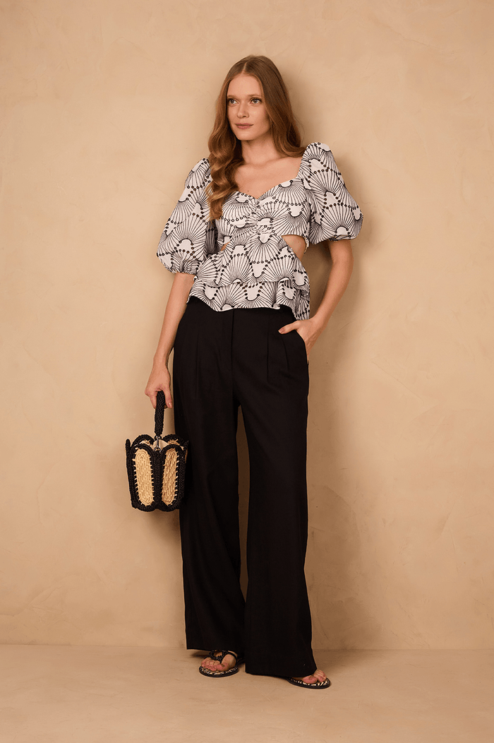 Black Side Pockets Belt Loops Linen Pants_1