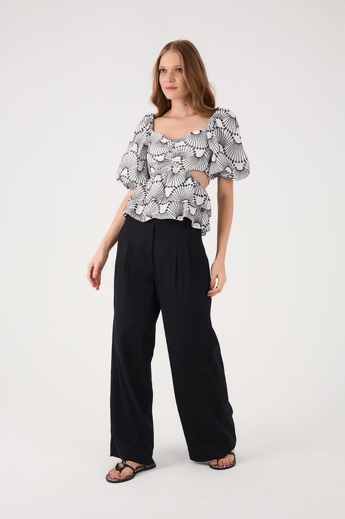 Black Side Pockets Belt Loops Linen Pants_3