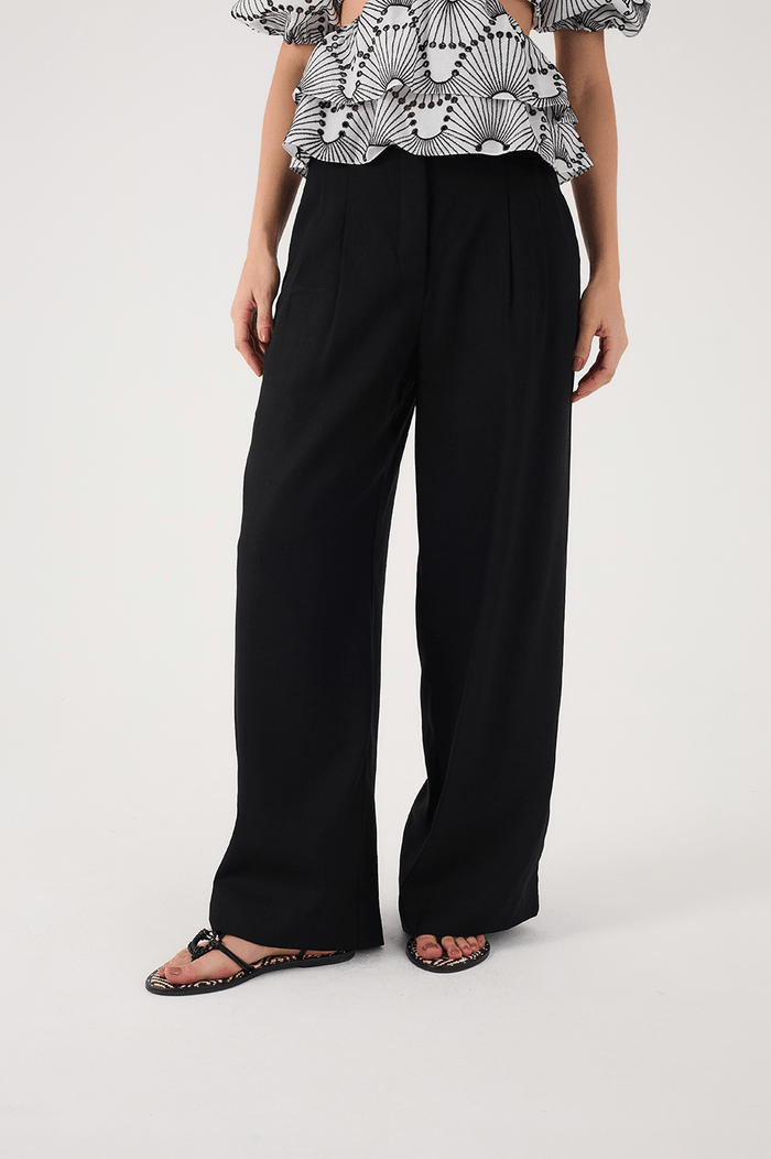 Black Side Pockets Belt Loops Linen Pants_4