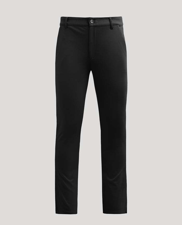 Black Slim Comfort Knit Chino Pant with button-zip closure and side pockets.