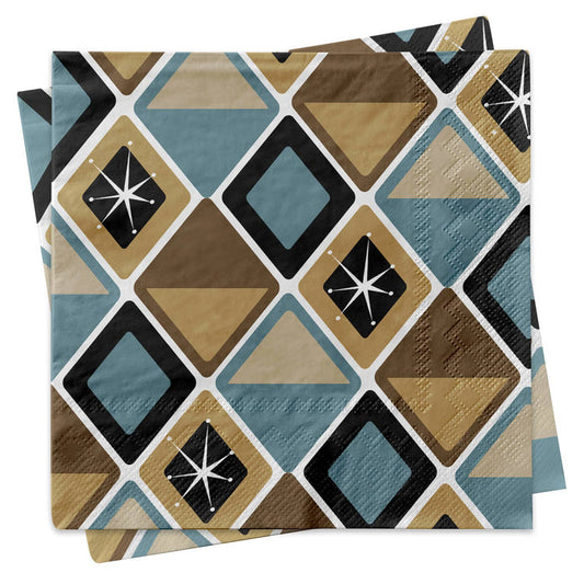 Blue and Brown Diamonds Mid Century Cocktail Beverage Napkin
