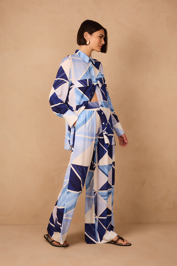 Blue Mosaico Gathered Wide Leg Crepe Pants_1
