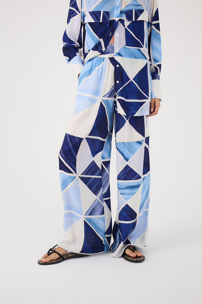 Blue Mosaico Gathered Wide Leg Crepe Pants_3