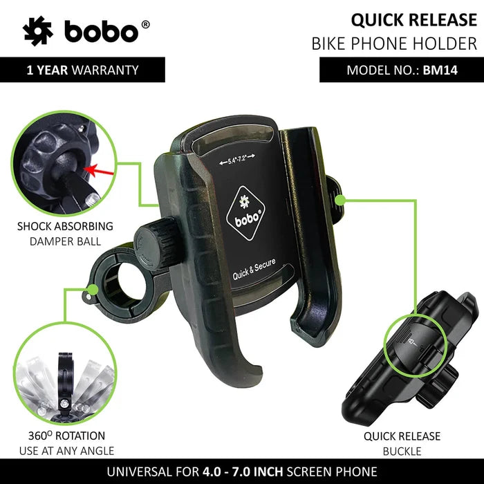 BOBO BM14 quick release bike phone mount designed for 4.0–7.0 inch smartphone.
BOBO BM14 premium bike phone holder with quick release buckle, and rotating mount.