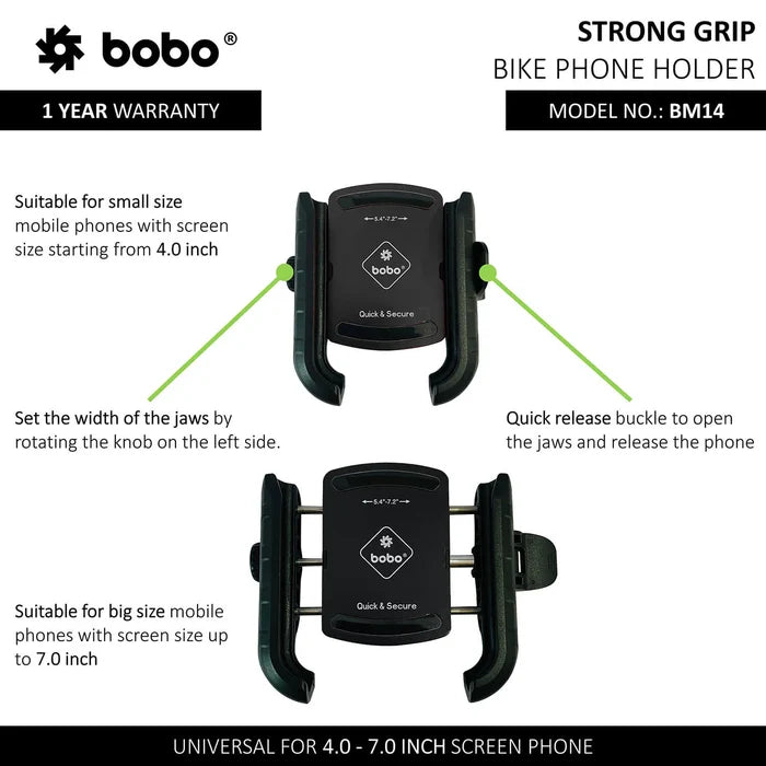 BOBO BM14 universal motorcycle phone holder featuring shock absorption and 360° adjustable rotation.
BOBO BM14 bike phone holder with quick release design mount for secure rides.