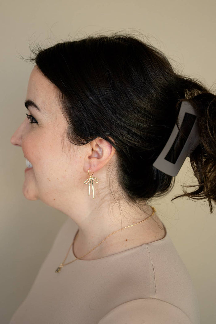Bow Ribbon Huggie Hoop Earring Dangle Whimsical-Silver