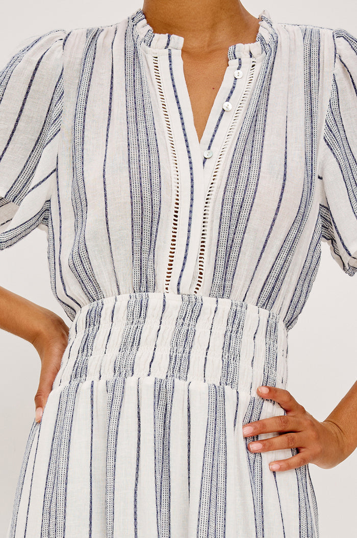 Brent Maxi Dress in Luxe Linen With Front Half Placket, Ladder and Ruffle Trim, Short Wide Sleeves, Smocked Waist, Single-Tier Hem in Salino Stripe Colorway - Upper Body Front View Featured on Model