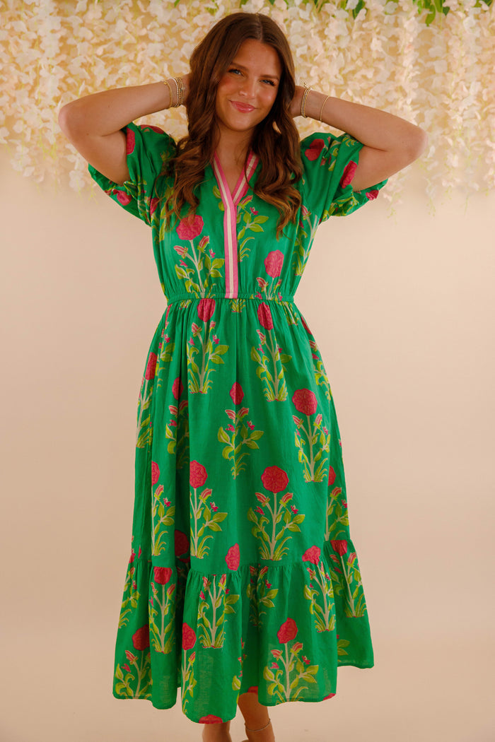 Women's Green Printed Dress- THML Midi Dress- Women's Anthro Midi Dress