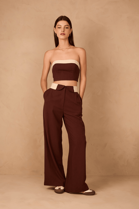 Brown And Off-White Flipped Waistline Side Pockets Linen Pants_1