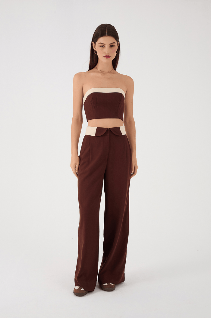 Brown And Off-White Flipped Waistline Side Pockets Linen Pants_2