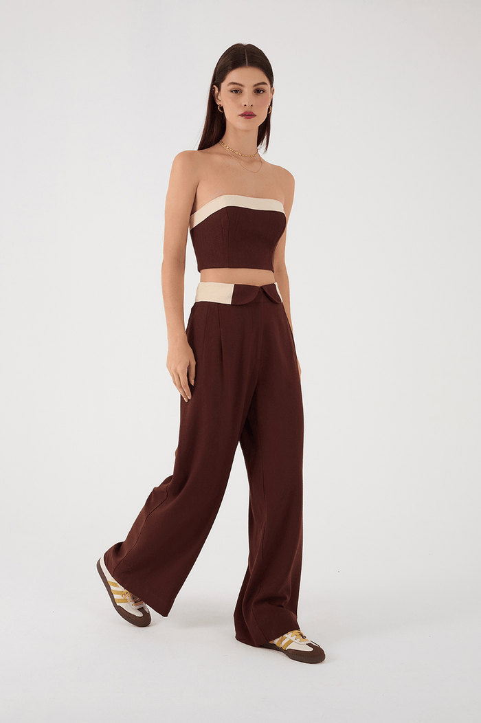 Brown And Off-White Flipped Waistline Side Pockets Linen Pants_3
