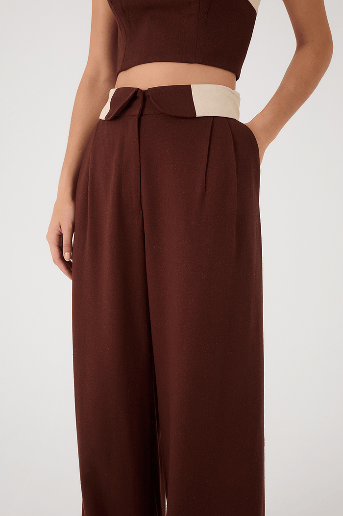Brown And Off-White Flipped Waistline Side Pockets Linen Pants_5