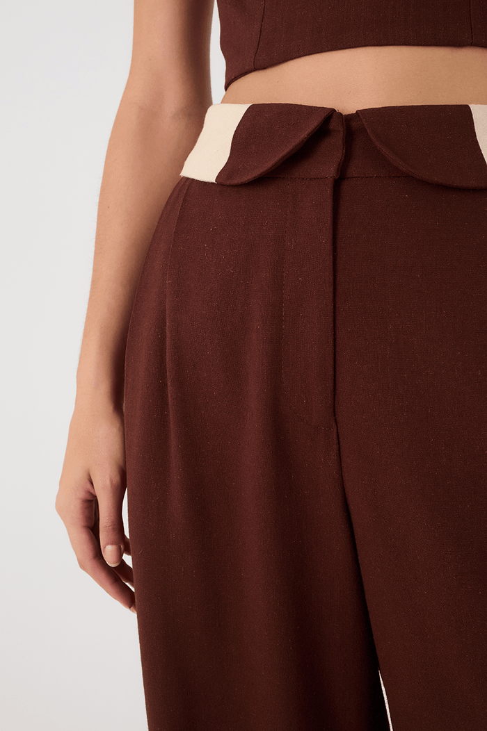 Brown And Off-White Flipped Waistline Side Pockets Linen Pants_6