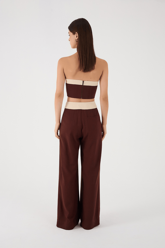 Brown And Off-White Flipped Waistline Side Pockets Linen Pants_7