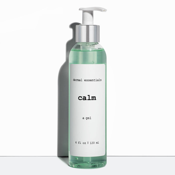 Clear bottle of Calm an antioxidant hydrating calming facial gel Dermal Essentials Medical Grade Skincare.