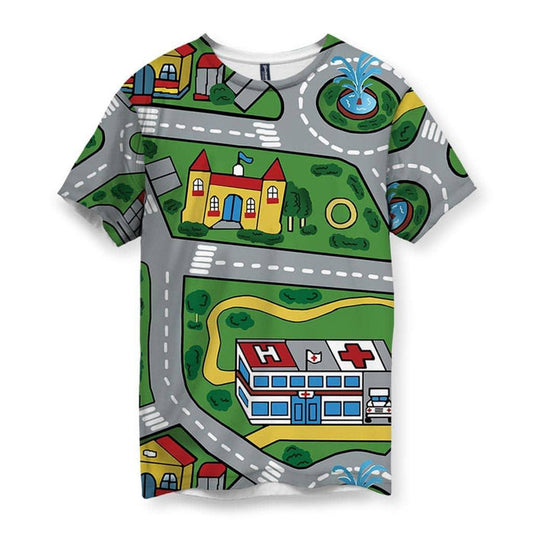 This men's t-shirt showcases a nostalgic children's town playmat design, featuring an aerial view of a toy neighborhood with winding gray roads, white lane dividers, and expansive parkland green spaces. Contact us with accessibility feedback, we'd love to help!