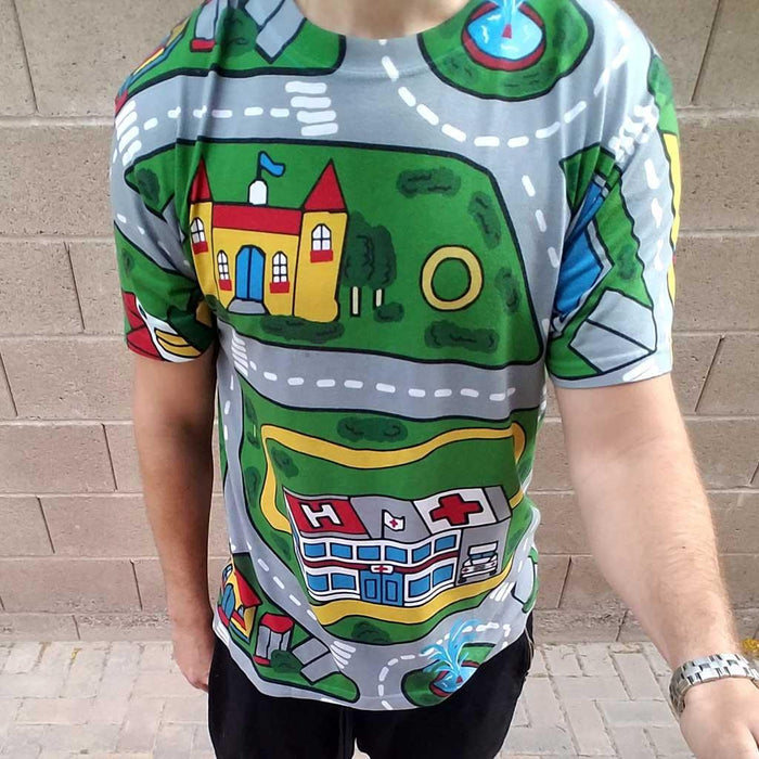 Car Carpet City T-Shirt in Nostalgic Roadmap Technicolor. OEKO-TEX® 100, REACH Compliant, Zero-Wastewater Printing.