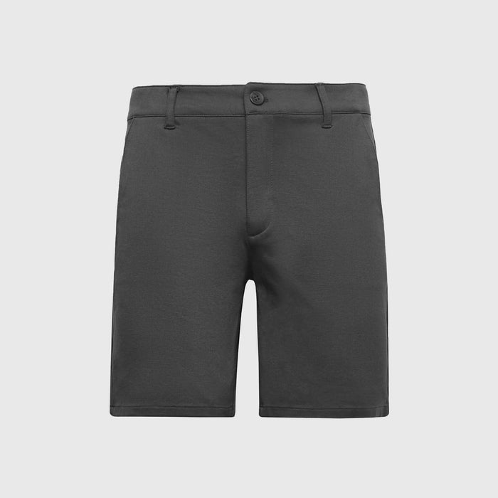 Carbon Comfort Chino Short in dark charcoal with pockets and button closure.
