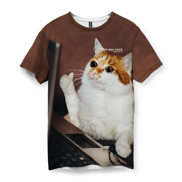 Set against a mottled russet cocoa background, this design captures a classic internet meme aesthetic featuring a photo-realistic bicolored feline. Contact us with accessibility feedback, we'd love to help!