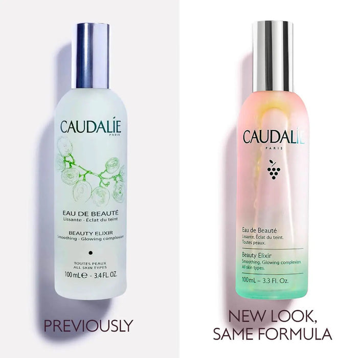 Caudalie Beauty Elixir 100ml skincare spray with floral ingredients, in a clear glass bottle, for revitalizing skin.