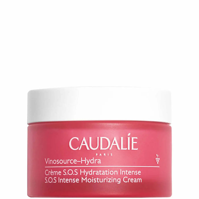 Caudalie VinoHydra SOS Intense Moisturizing Cream 50ml in a tub, shown with sleek packaging and creamy texture for dry skin.