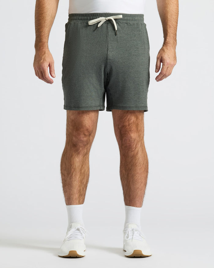 Charcoal Heather Gray Active Comfort Shorts worn with white socks and sneakers.