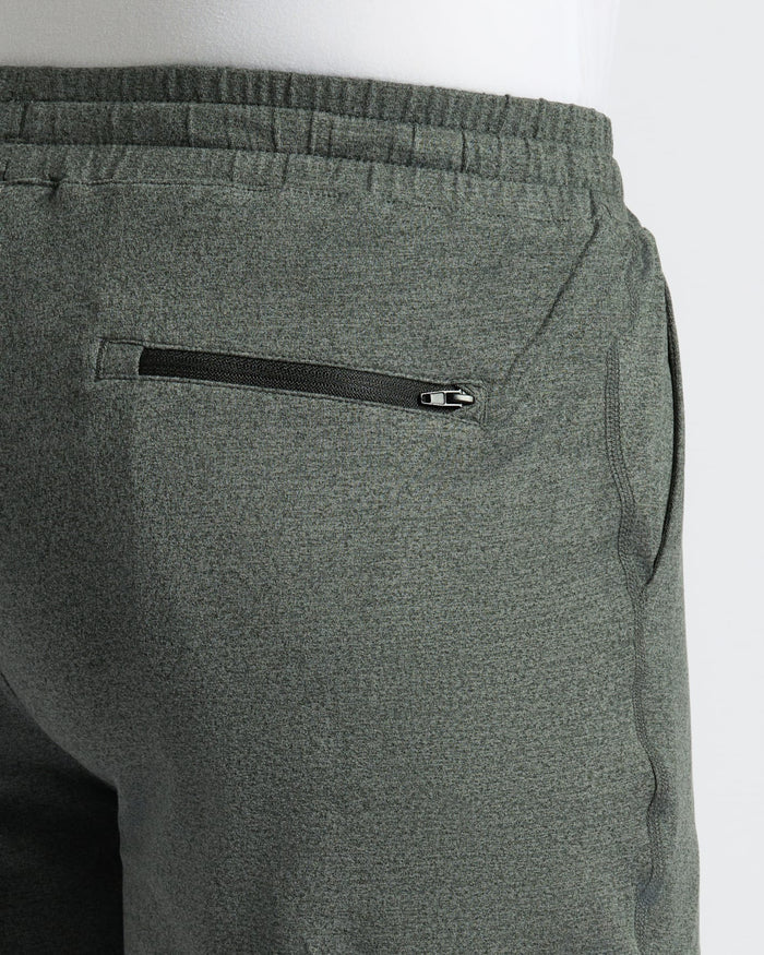 Charcoal Heather Gray Active Comfort Shorts, featuring an elastic waistband and zip pocket.