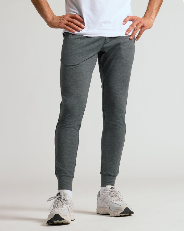 Charcoal Heather Gray Active Joggers with white Nike shoes.