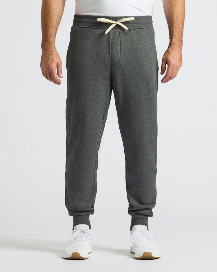 Charcoal Heather Gray Fleece French Terry Joggers with ribbed cuffs and drawstring.