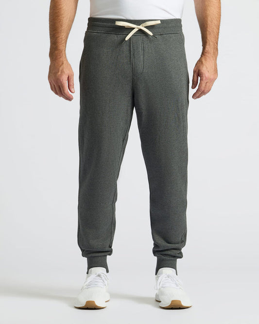 Charcoal Heather Gray Fleece French Terry Joggers with ribbed cuffs and drawstring.