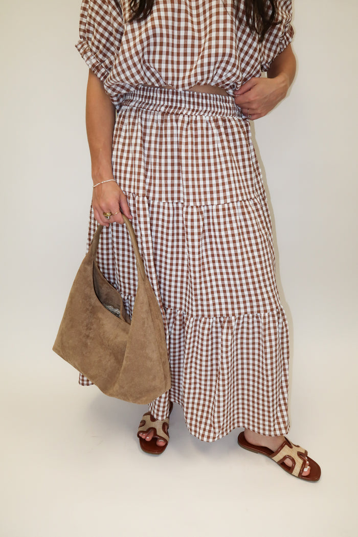 Checked Out Brown Tiered Check Midi Skirt - The Pink Tulip Clothing