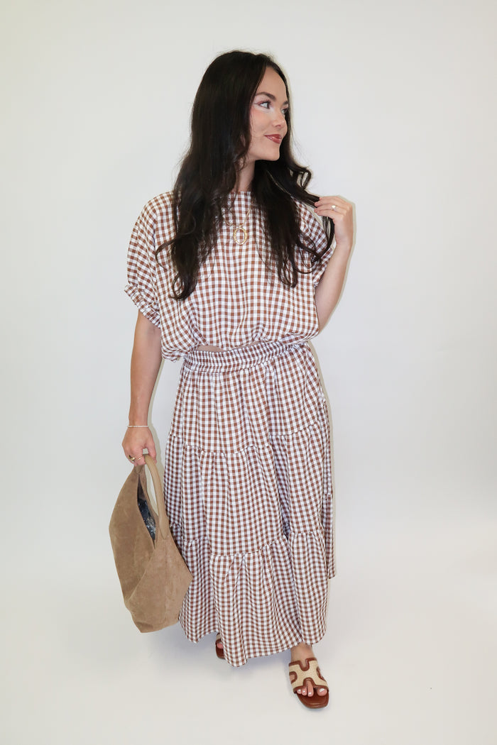 Checked Out Brown Tiered Check Midi Skirt - The Pink Tulip Clothing