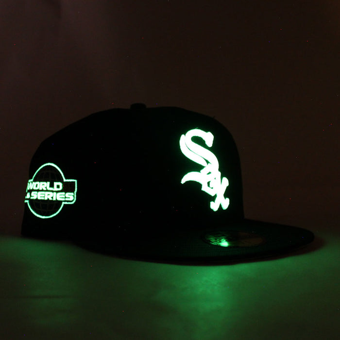 Chicago White Sox 2005 World Series New Era Fitted 59Fifty Hat (Glow in the Dark Logo Black Floral Under Brim)