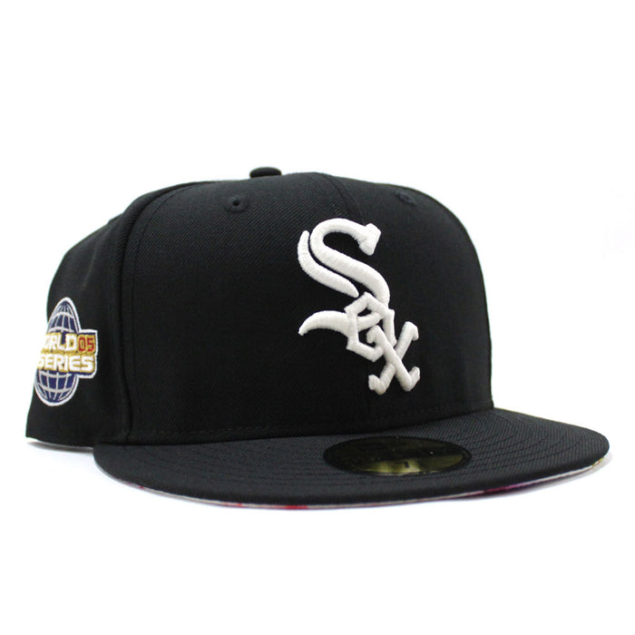 Chicago White Sox 2005 World Series New Era Fitted 59Fifty Hat (Glow in the Dark Logo Black Floral Under Brim)