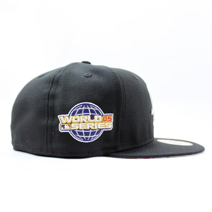 Chicago White Sox 2005 World Series New Era Fitted 59Fifty Hat (Glow in the Dark Logo Black Floral Under Brim)