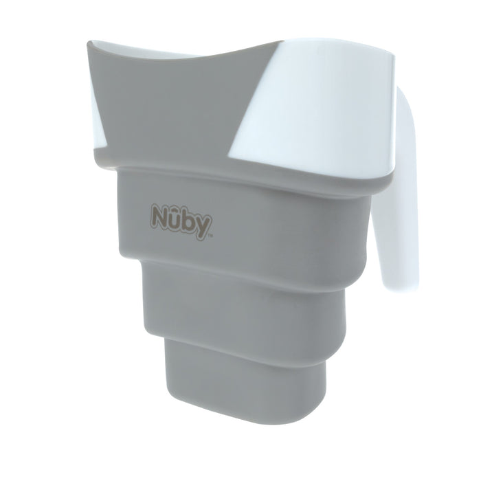 The Collapsible Shampoo Rinse Cup, a gray and white silicone bath accessory with the Nuby logo, helps children easily reach water flow for a stress-free bath.