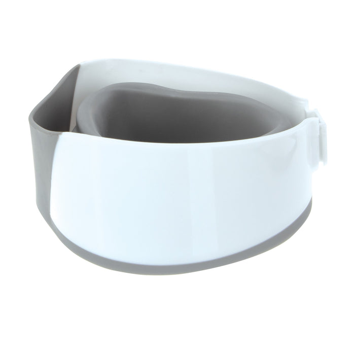 The Collapsible Shampoo Rinse Cup is a white and gray plastic pail with an inner curved compartment and raised outer edge, ideal as a baby bath accessory for washing or soaking items.