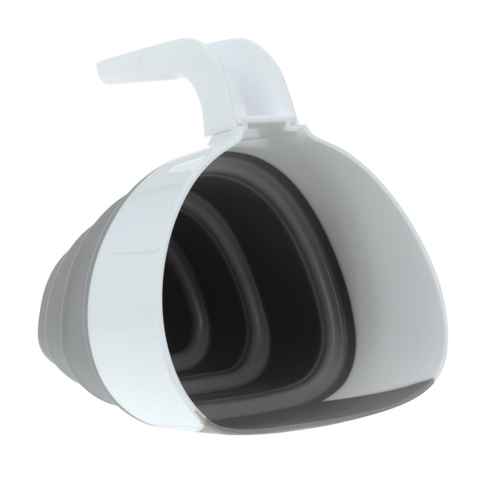 The Collapsible Shampoo Rinse Cup is a cone-shaped, silicone funnel with a white plastic rim and handle. Shown partially expanded on a white background, it’s ideal as a baby bath accessory or collapsible rinse pail for tear-free bath time.