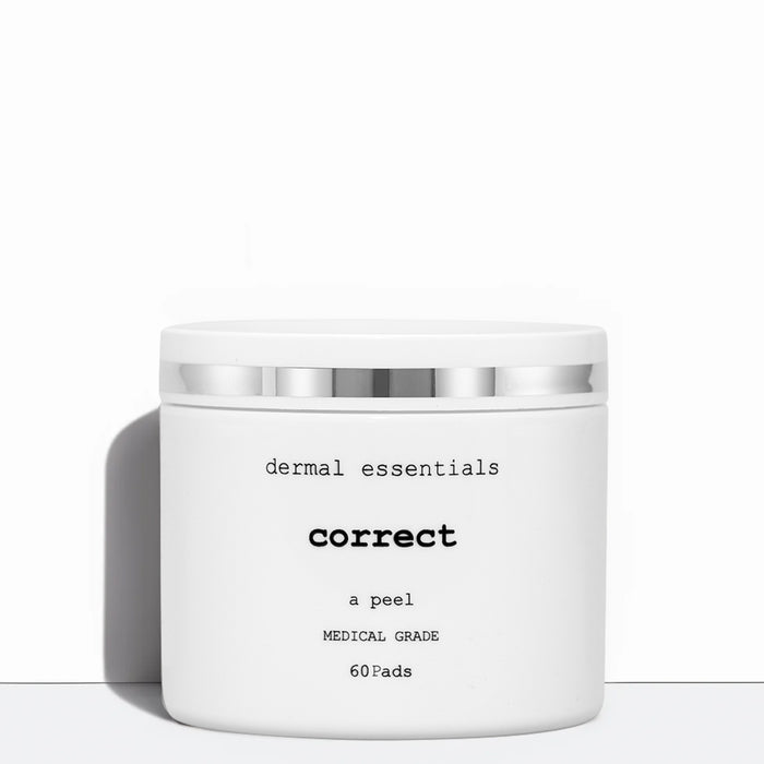 white  round plastic jar silver round plastic twist lid 60 pads Correct acne treatment pads salicylic acid glycolic acid lactic acid Dermal Essentials Medical Grade Skincare