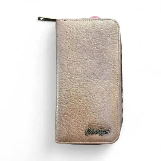 Cotton Road Large Wallet in beige PU leather with crinkled texture and zip closure