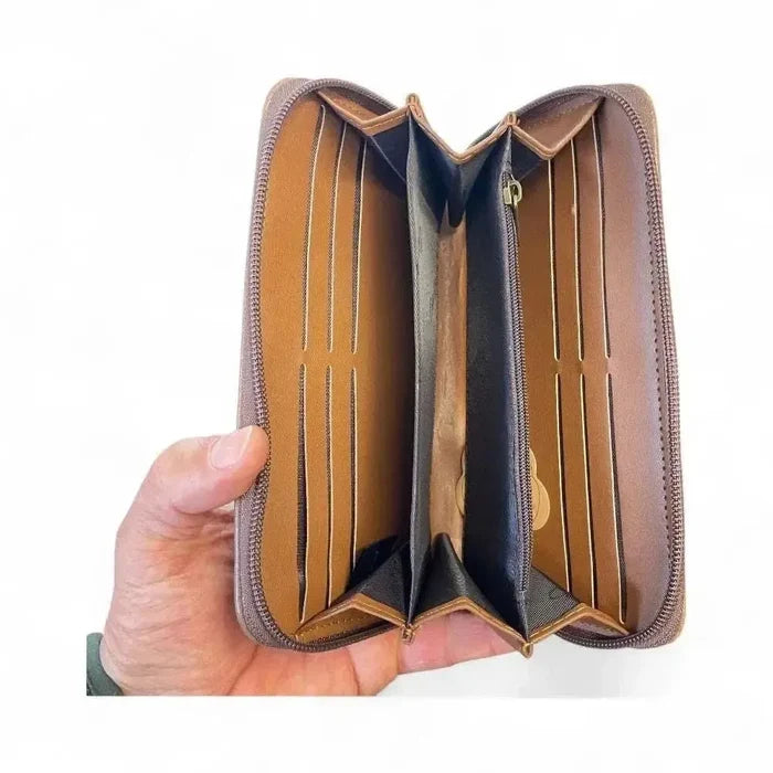 Cotton Road Large Wallet beige PU leather with crinkled texture and zip-around closure