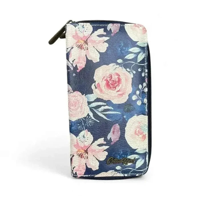 Cotton Road Large Wallet navy blue PU leather with pink floral design and double zip compartments