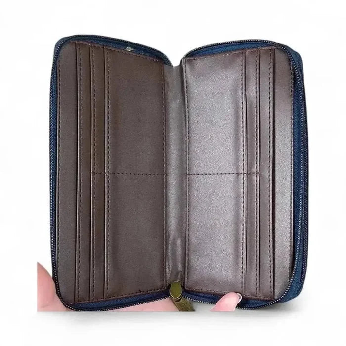 Cotton Road Large Wallet navy blue PU leather with pink floral design and double zip compartments