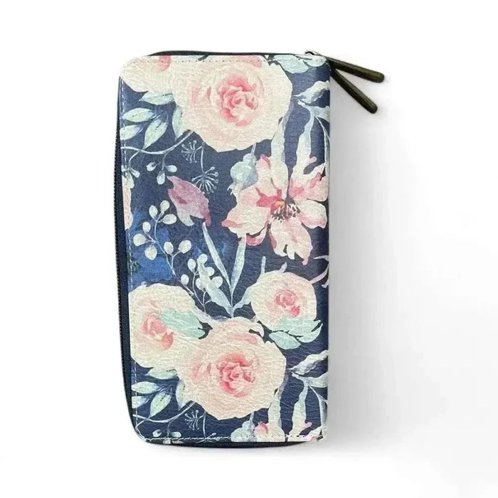 Cotton Road Large Wallet navy blue PU leather with pink floral design and double zip compartments