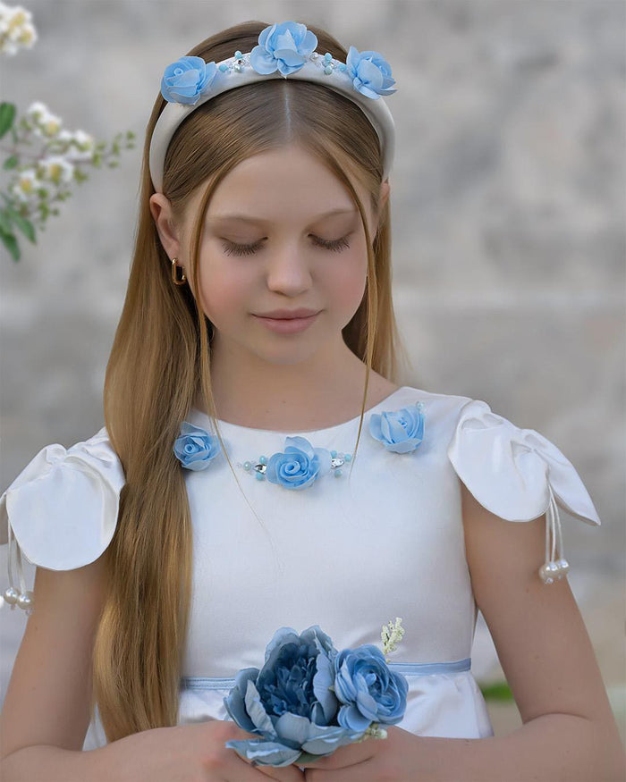 Daphne White Satin Headband with Blue Embroidery - Petite Maison Kids